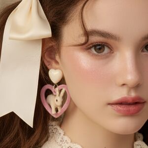 Heart and Bunny Earrings - Pink and White